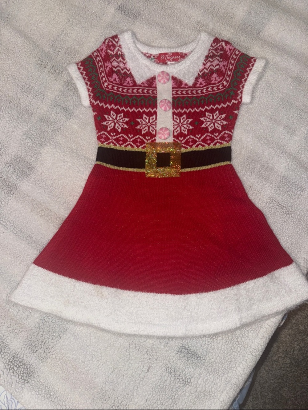 32 Degrees Red and White Holiday Sweater Dress with Gold Buckle